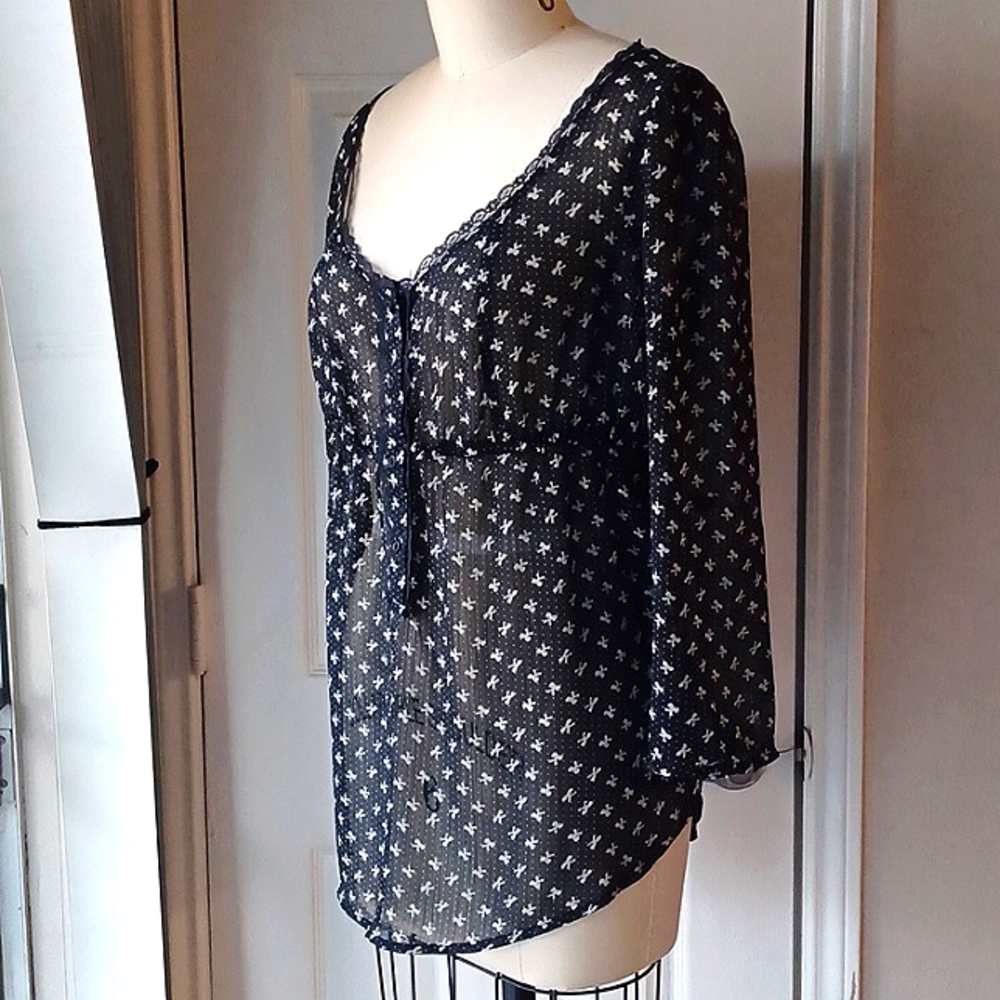 Black with Cream Bows Sheer Top With Lace Trim